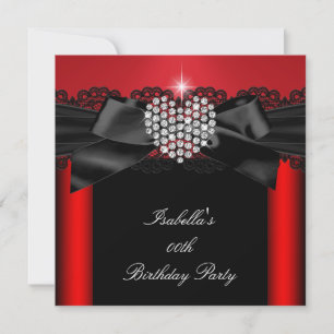 Red Black Diamond Heart Elegant Birthday Party Kaart