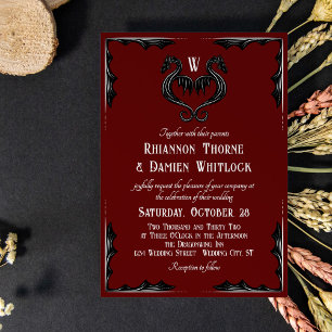 Red Black Dragon Monogram Fantasy Wedding Kaart