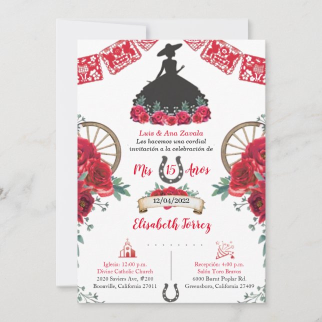 Red Black Dress Charra Invitation, Charro Mexican (Voorkant)