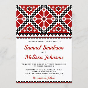 Red Black Embroidery Ukraine Wedding Invitation Kaart