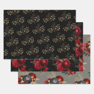 Red Black en Gold Floral Inpakpapier Vel