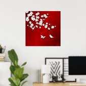 Red Black en White Cherry Blossom Poster (Thuiskantoor)