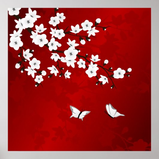 Red Black en White Cherry Blossom Poster (Voorkant)