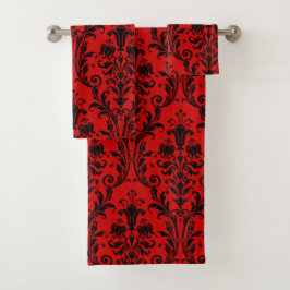Red & Black Floral Damask Bad Handdoek