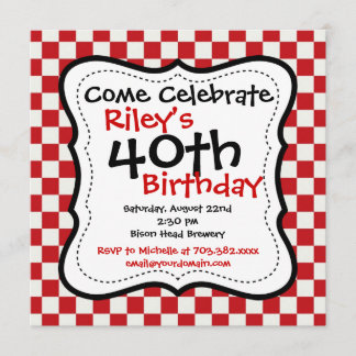 Red Black Gecontroleerd 40th Birthday Party Uitnod Kaart