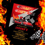 Red | Black Go Kart Racing Anniversaire Invitation<br><div class="desc">Rendez-vous pour fêter un anniversaire sur le thème du karting. Cette conception de fête d'anniversaire comporte un karting rouge et noir avec un entraînement casqué rouge et des flammes tirant sur le dos du karting. Les mots "Ready, Set, Go !" sont également faits dans un dégradé de flamme. Une paire...</div>