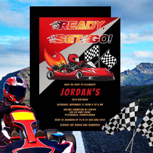 Red | Black Go Kart Racing Anniversaire Invitation