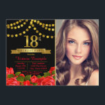 Red Black Gold 18th Birthday Party Invitation<br><div class="desc">Filles 18ème anniversaire invitation avec de beaux numéros d'or et des bannières sur un joli arrière - plan floral rose noir et or rouge. Cette élégante invitation à la fête du 18ème anniversaire de photo est facilement customisée pour votre événement en ajoutant simplement votre photo et les détails de l'événement...</div>