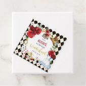 Red Black Gold Alice in Wonderland Mad Tea Party Bedankjes Labels (In situ)