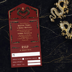 Red Black Gold Dragon Monogram Fantasy Wedding All In One Uitnodiging
