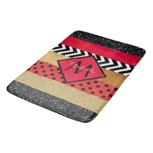 Red Black Gold Glitter Brush Stroke Monogramed Badmat