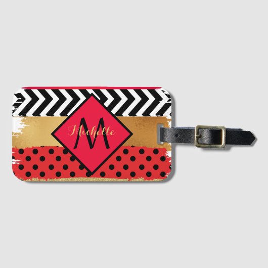 Red Black Gold Glitter Brush Stroke Monogramed Bagagelabel (Voorkant (horizontaal))