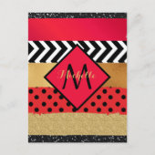 Red Black Gold Glitter Brush Stroke Monogramed Briefkaart (Voorkant)