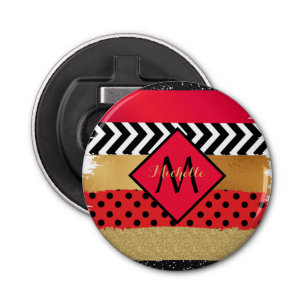 Red Black Gold Glitter Brush Stroke Monogramed Button Flesopener