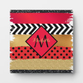 Red Black Gold Glitter Brush Stroke Monogramed Fotoplaat (Voorkant)