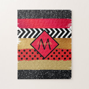 Red Black Gold Glitter Brush Stroke Monogramed Legpuzzel
