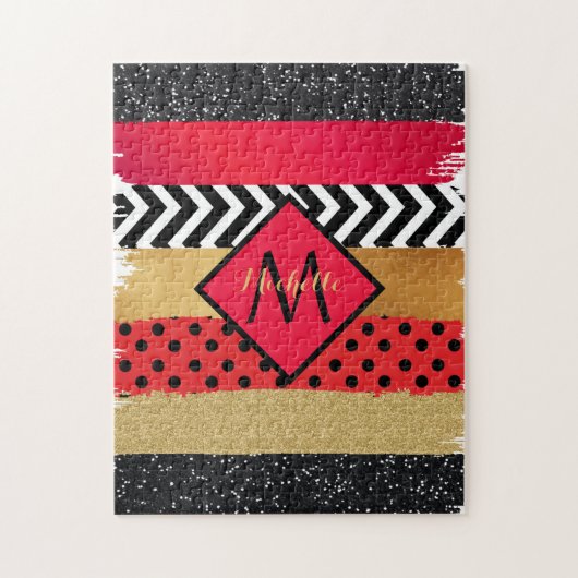 Red Black Gold Glitter Brush Stroke Monogramed Legpuzzel (Verticaal)
