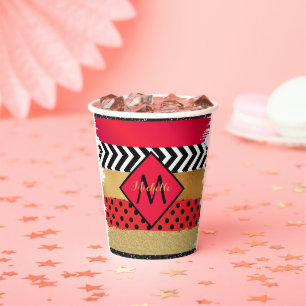 Red Black Gold Glitter Brush Stroke Monogramed Papieren Bekers