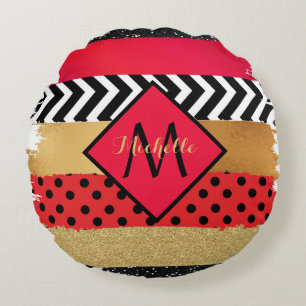 Red Black Gold Glitter Brush Stroke Monogramed Rond Kussen