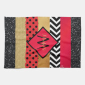 Red Black Gold Glitter Brush Stroke Monogramed Theedoek (Horizontaal)