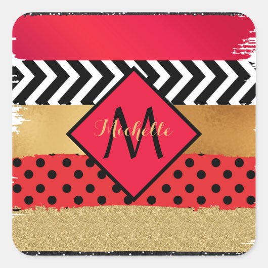 Red Black Gold Glitter Brush Stroke Monogramed Vierkante Sticker (Voorkant)