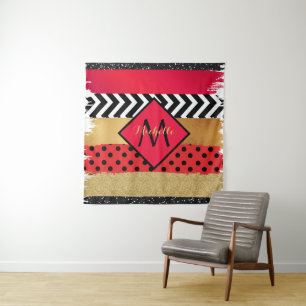 Red Black Gold Glitter Brush Stroke Monogramed Wandkleed