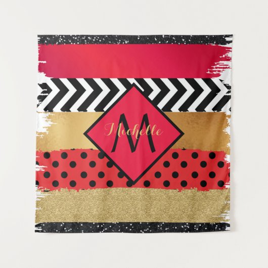 Red Black Gold Glitter Brush Stroke Monogramed Wandkleed (Voorkant)