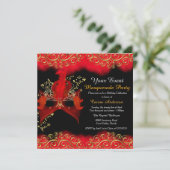 Red Black Gold Masquerade Birthday Party Kaart (Staand voorkant)