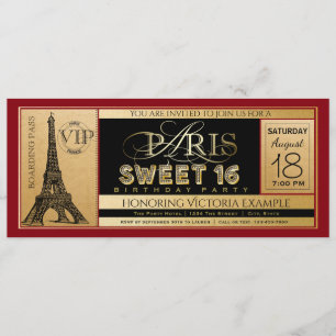 Red Black Gold Paris Sweet 16 Ticket Uitnodiging