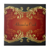 Red Black & Gold Tones Swirls 2-Monogram Tegeltje (Voorkant)