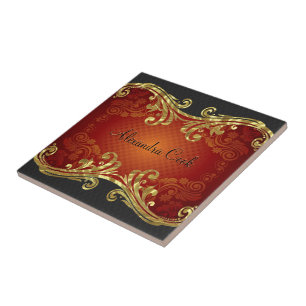 Red Black & Gold Tones  Swirls 2-Monogram Tegeltje