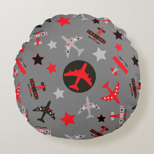 Red Black Grey Airplantern Pattern Rond Kussen (Voorkant)