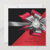 Red Black Grey Silver Bow Pearl Birthday Kaart (Voorkant)