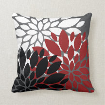 Red Black Grey White Flower Silhouette Cushion