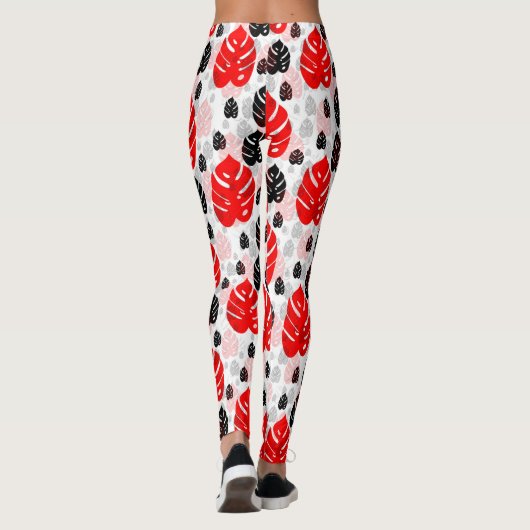 Red Black Leaf Illustration Pattern Design Leggings (Achterkant)