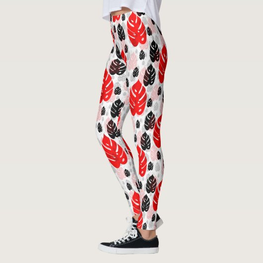 Red Black Leaf Illustration Pattern Design Leggings (Links)