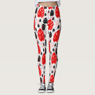Red Black Leaf Illustration Pattern Design Leggings