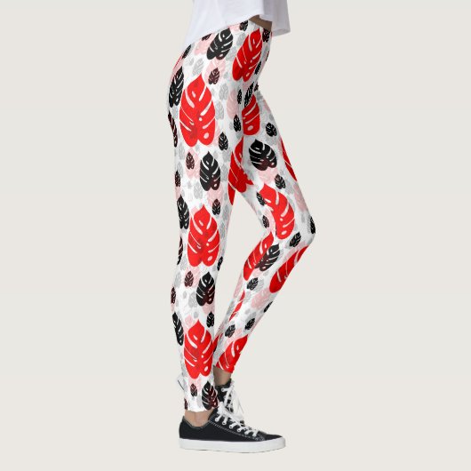 Red Black Leaf Illustration Pattern Design Leggings (Rechts)