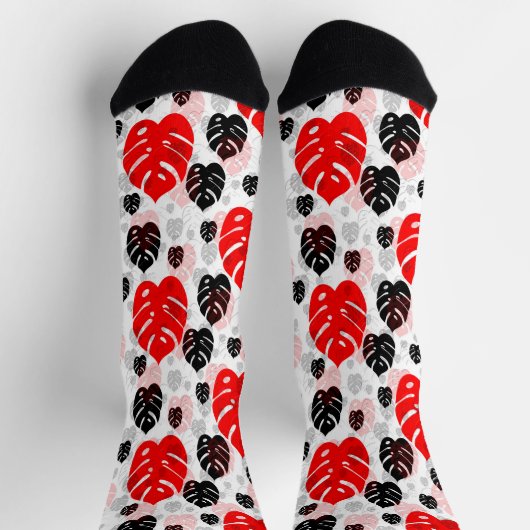 Red Black Leaf Illustration Pattern Design Sokken (Top)