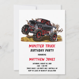 Red Black Monster Truck Birthday Party Invitation Kaart