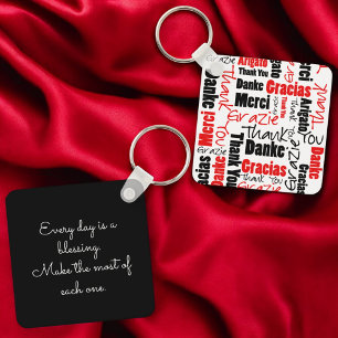 Red Black Multilingual "Bedankt" Typografie Sleutelhanger