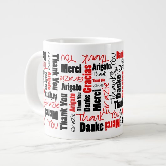 Red Black Multilingual Dank je Word Cloud Extra Grote Mok (Voorkant links)