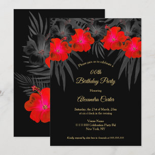 Red Black Palms Hibiscus Floral Tropical Birthday Kaart