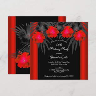 Red Black Palms Hibiscus Tropical Birthday Party Kaart