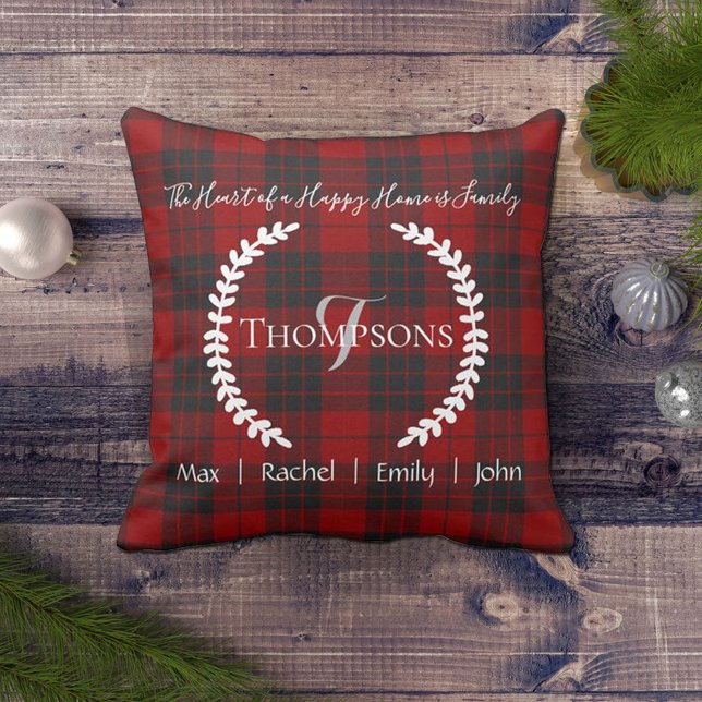 Red Black Persoonlijke familienaam Monogram Kussen (Creator heeft geüpload)