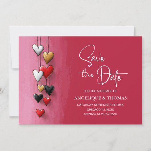 Red Black Pink Hearts Wedding Save the Date (Voorkant)