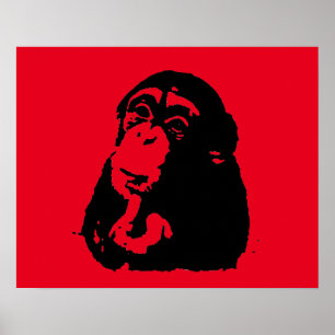 Red Black Pop Art Thinking Chimpansee Poster