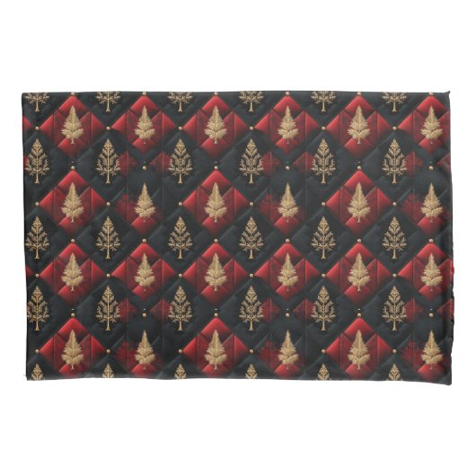 Red Black Quilt Squares Gold Christmas Trees Kussensloop (Voorkant-Links)