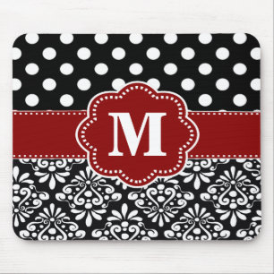 Red Black Stippen Damask Monogram Muismat. Muismat