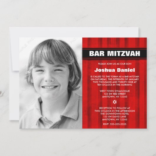 Red Black Stripes Photo Bar Mitzvah Invitations (Devant)